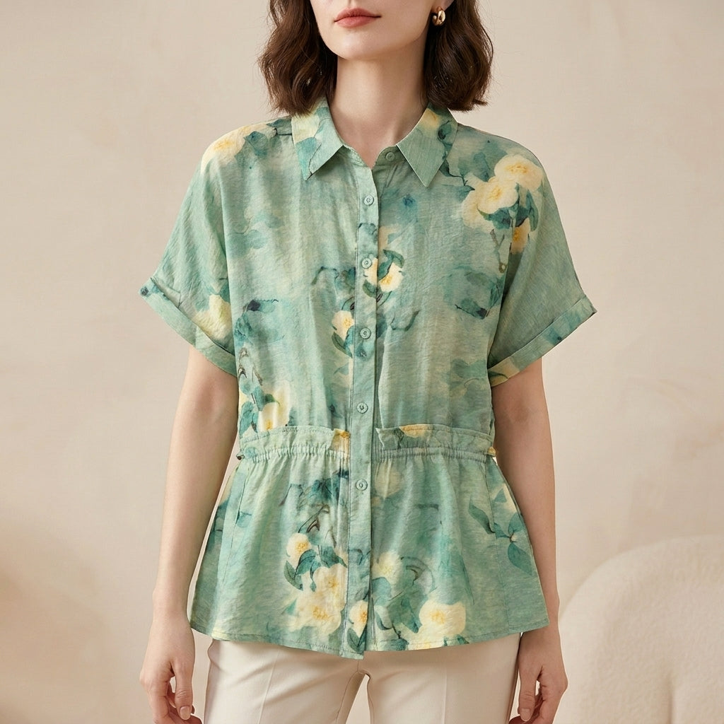 Botanical Floral Button Up Peplum Blouse for Effortless Summer Styling