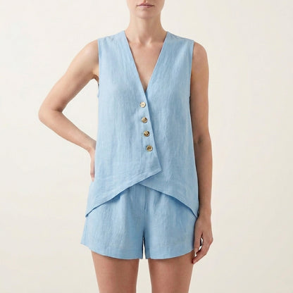 Relaxed Sleeveless V-Neck Two-Piece Set with Asymmetrical Button Front