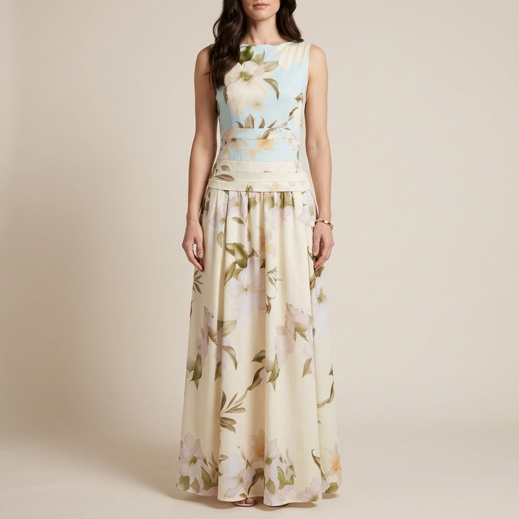 Botanical Print Sleeveless Maxi Dress with Graceful Flow