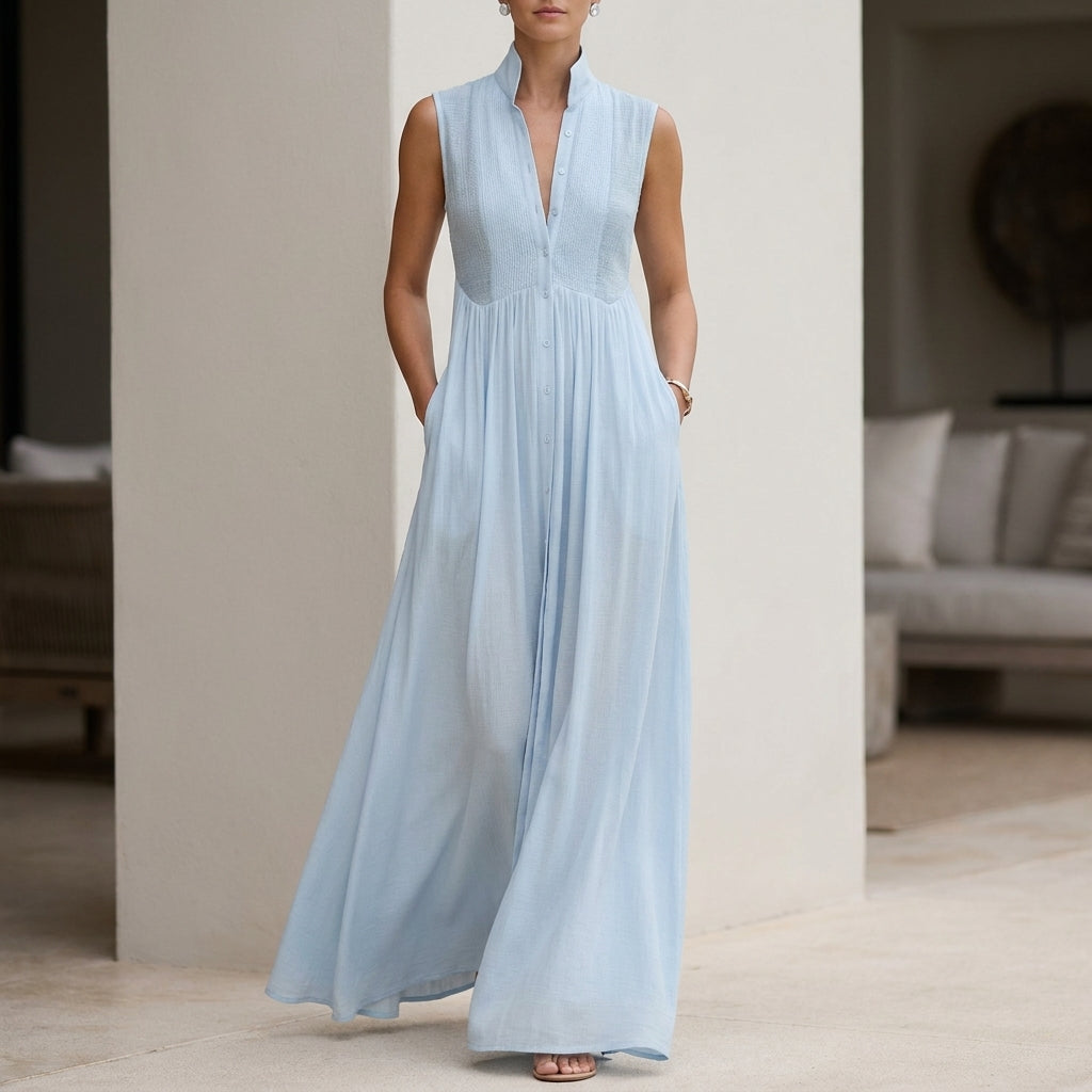 Flowing Sleeveless Maxi Dress with Stand Collar and Pleated Waist