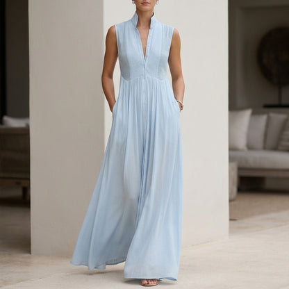 Flowing Sleeveless Maxi Dress with Stand Collar and Pleated Waist