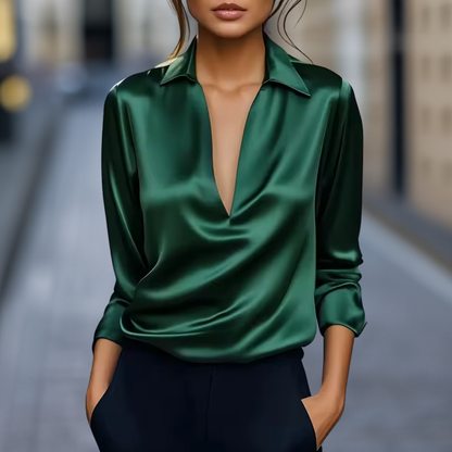 Silk Satin Draped V-Neck Blouse with Collared Detail and Flowing Fit