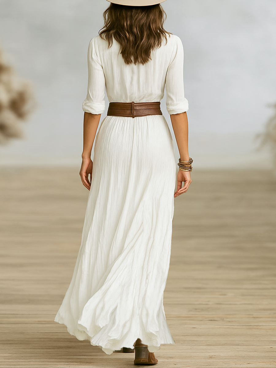 Flowing Linen Maxi Dress with Collared V-Neck and Braided Waist Belt