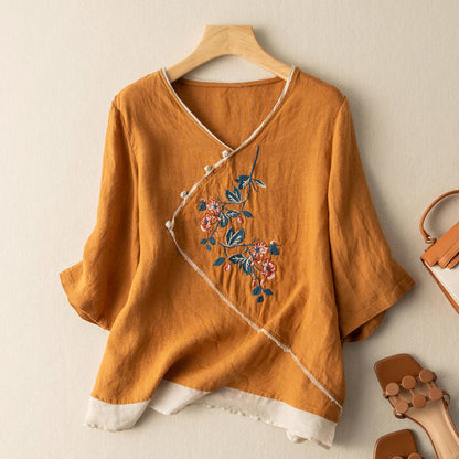 Embroidered Artisan Kimono-Style Linen Blend Blouse