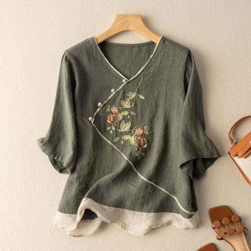 Embroidered Artisan Kimono-Style Linen Blend Blouse