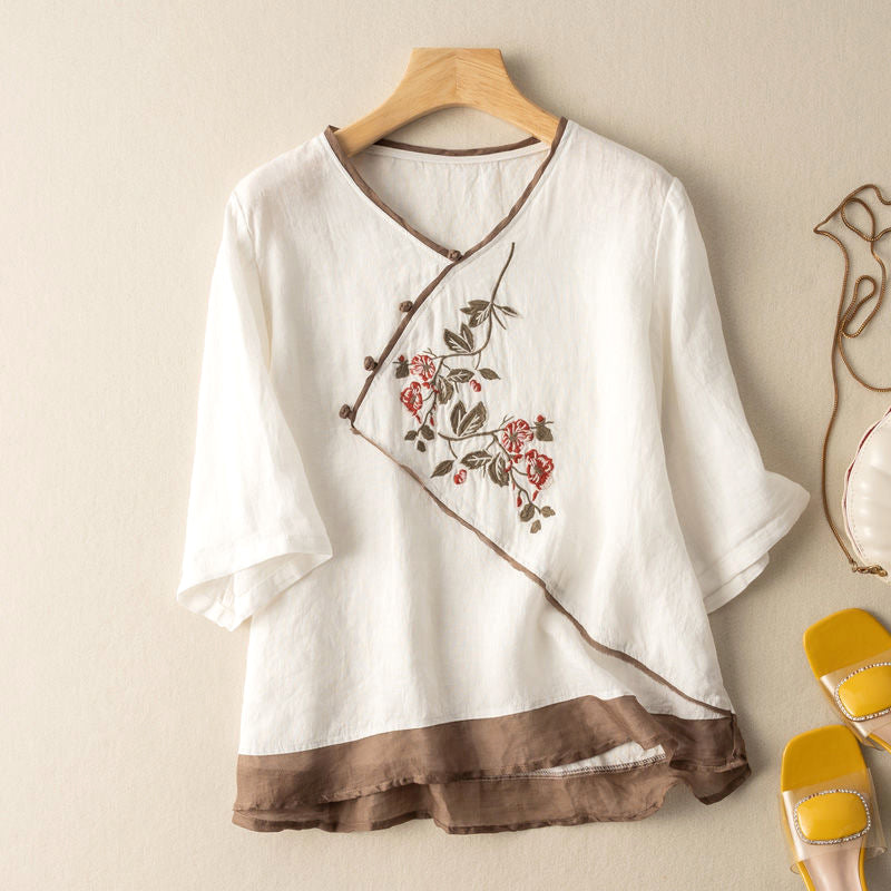 Embroidered Artisan Kimono-Style Linen Blend Blouse