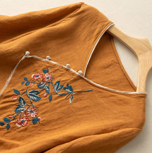 Embroidered Artisan Kimono-Style Linen Blend Blouse