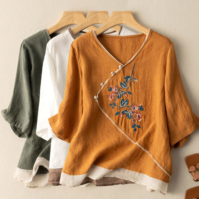 Embroidered Artisan Kimono-Style Linen Blend Blouse