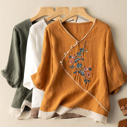 Embroidered Artisan Kimono-Style Linen Blend Blouse