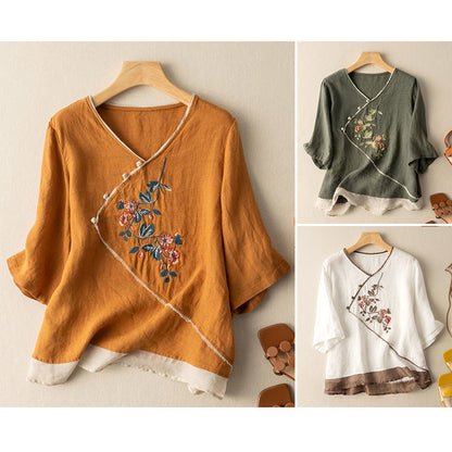 Embroidered Artisan Kimono-Style Linen Blend Blouse