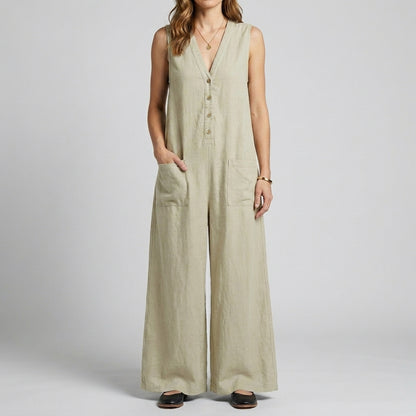 Relaxed Sleeveless Button Front Wide-Leg Jumpsuit