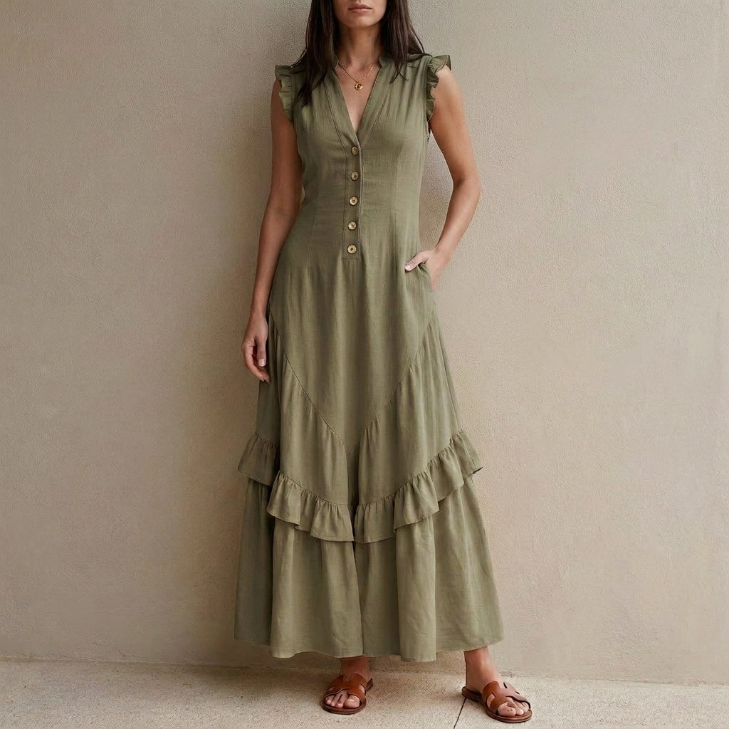 Ruffle Sleeve Button Front Midi Dress with Tiered Hem