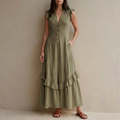 Ruffle Sleeve Button Front Midi Dress with Tiered Hem