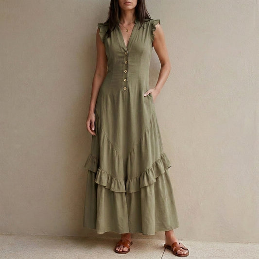 Ruffle Sleeve Button Front Midi Dress with Tiered Hem