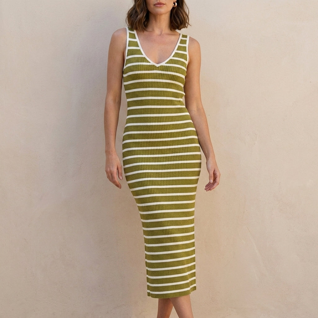 Sunlit Riviera Striped Bodycon Knit Maxi Dress