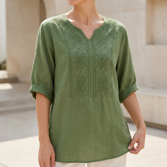 Relaxed Woven Blouse with Notched V-Neckline and Floral Embroidery