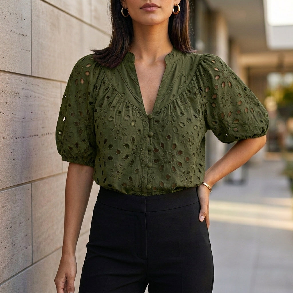 Embroidered V-Neck Blouse with Voluminous Lantern Sleeves and Eyelet Detail