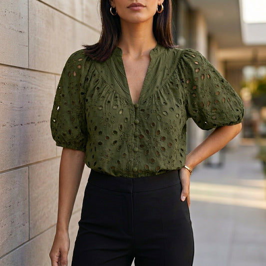 Embroidered V-Neck Blouse with Voluminous Lantern Sleeves and Eyelet Detail