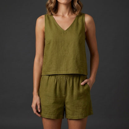 Relaxed V-Neck Vest and Pleated Shorts Set in Lightweight Woven Fabric