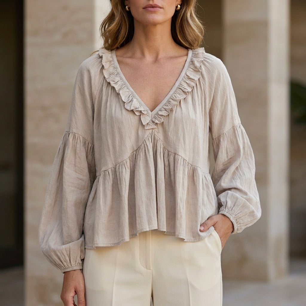 Ruffle Trim V-Neck Peplum Blouse