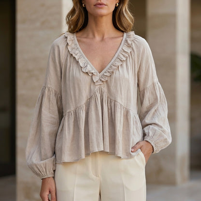 Ruffle Trim V-Neck Peplum Blouse