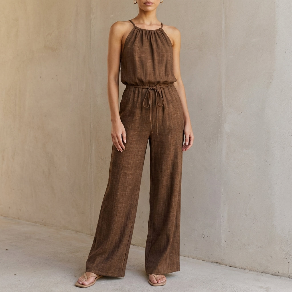 Woven Wide-Leg Drawstring Jumpsuit with Gathered High Neckline