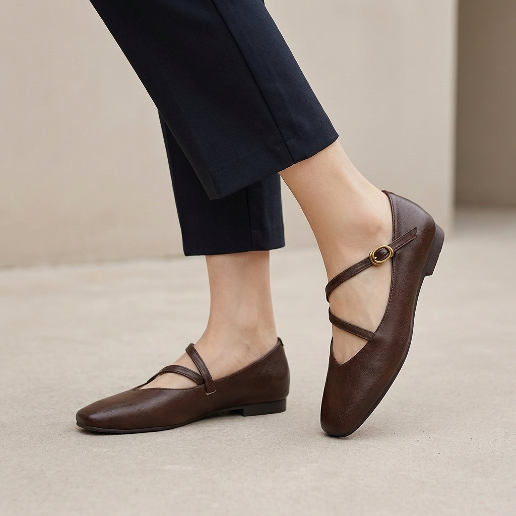 Elora Smooth Matte Mary Jane Flats with Criss-Cross Straps