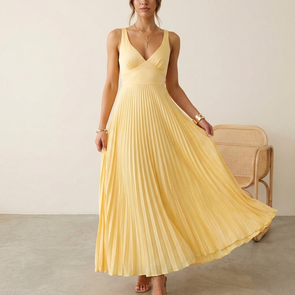 Eileen Satin Ruched Bodice Sleeveless Maxi Dress with Pleated Skirt