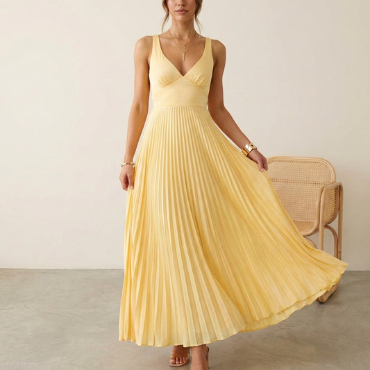 Eileen Satin Ruched Bodice Sleeveless Maxi Dress with Pleated Skirt