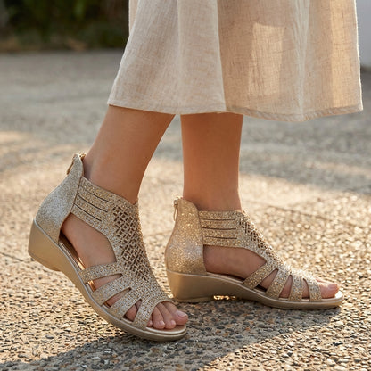 Modern Cut-Out Wedge Sandals with Back Zipper