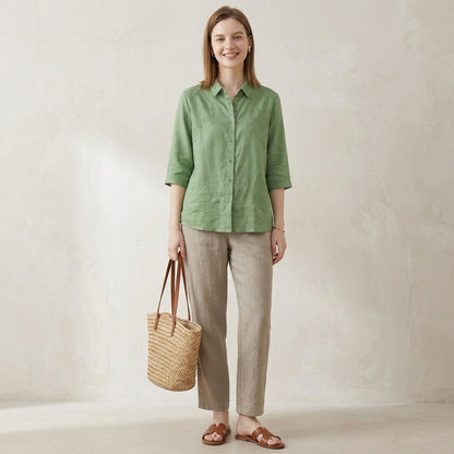 Relaxed Fit Button-Up Shirt with Tonal Floral Embroidery and Classic Collar