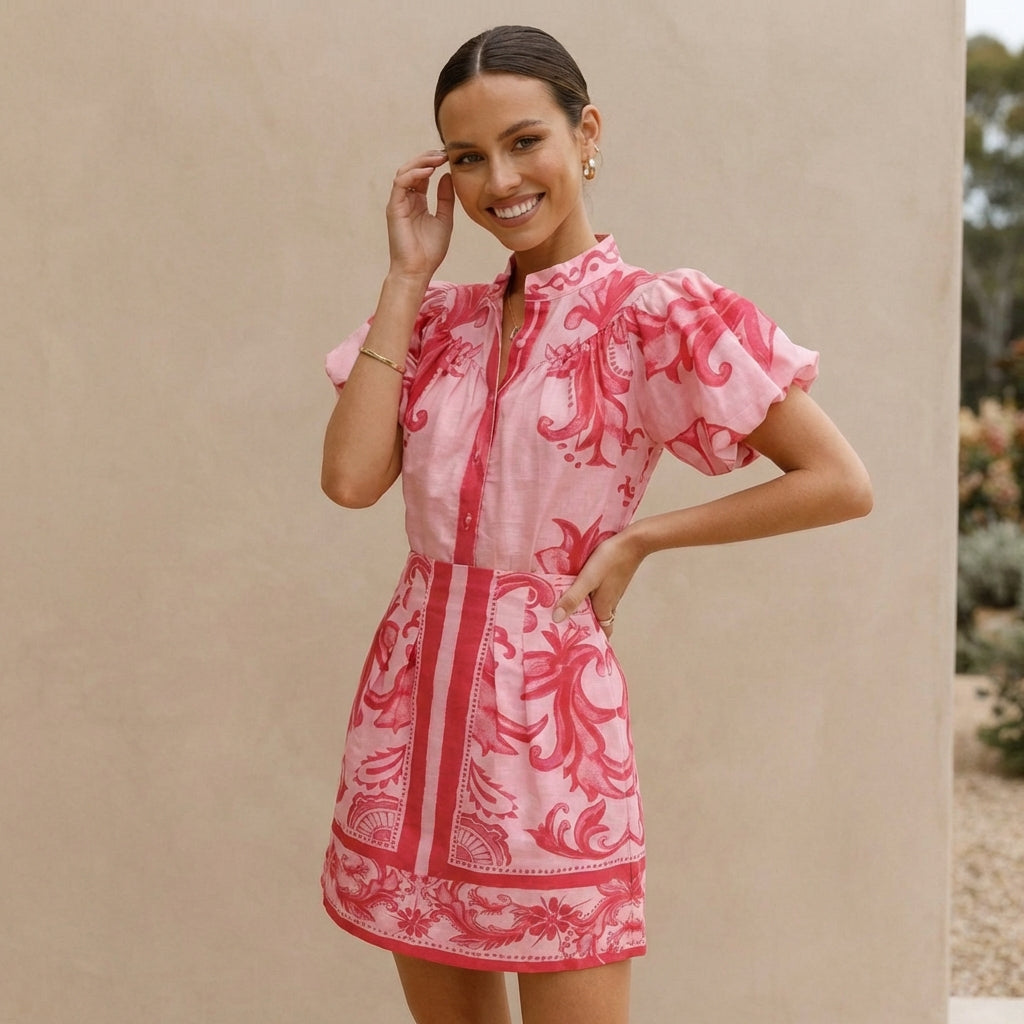 Puff Sleeve Mini Dress with Band Collar and A-Line Silhouette