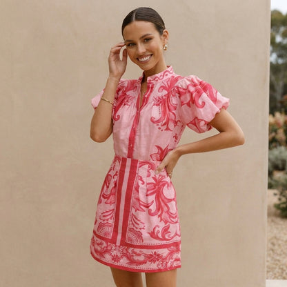 Puff Sleeve Mini Dress with Band Collar and A-Line Silhouette