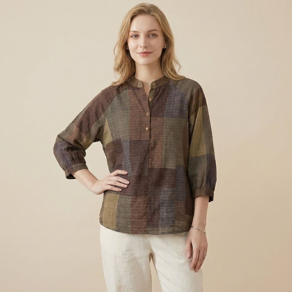 Relaxed Lantern Sleeve Blouse with Mandarin Collar and Curved Hem