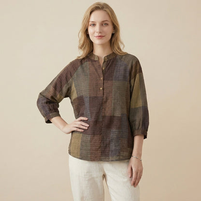 Relaxed Lantern Sleeve Blouse with Mandarin Collar and Curved Hem