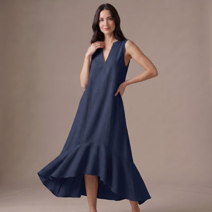 Flowing Sleeveless Maxi Dress with Draped Notched V-Neck and Asymmetric Ruffled Hem