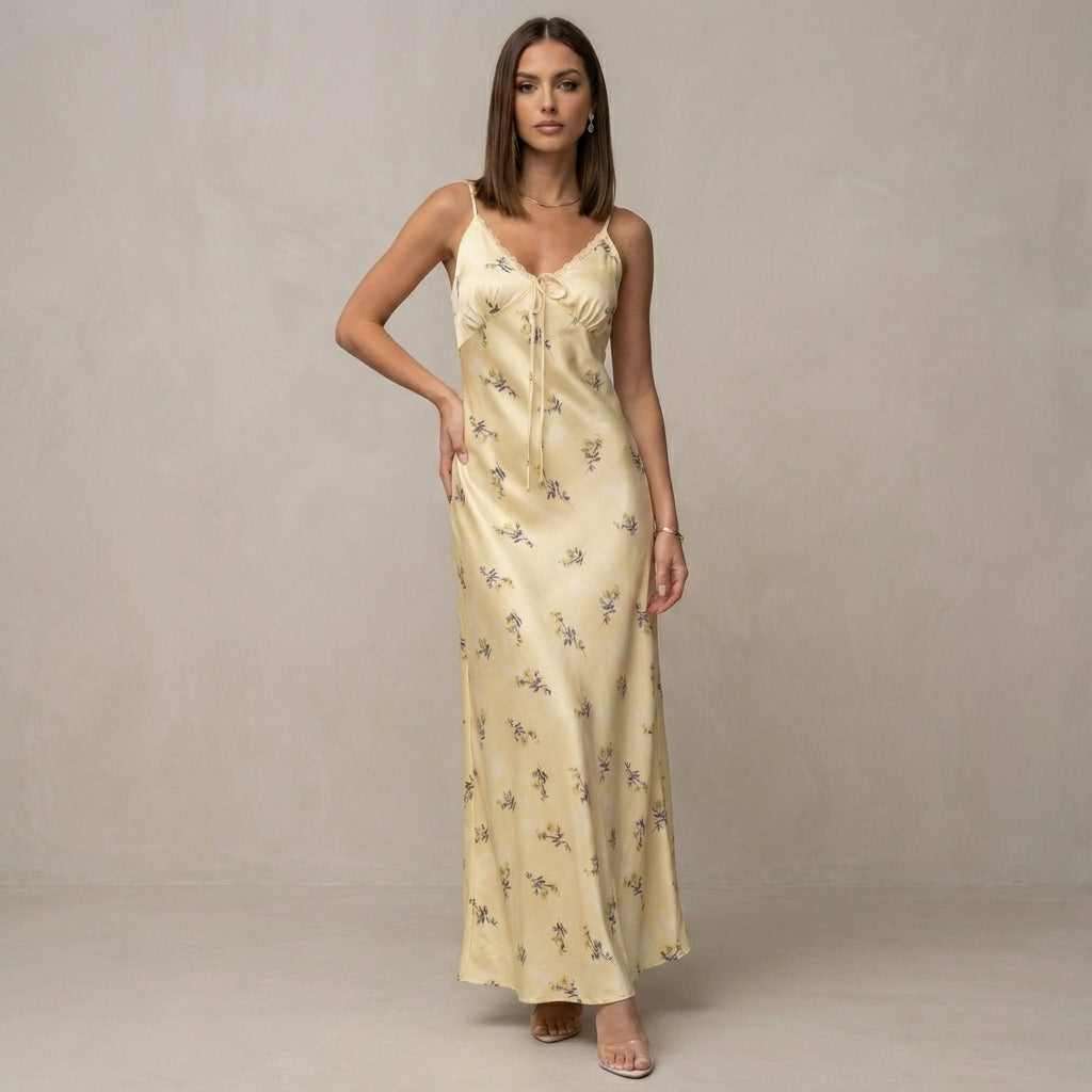 Floral Slip Maxi Dress with Elegant Lace Trim Details
