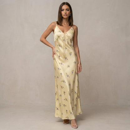 Floral Slip Maxi Dress with Elegant Lace Trim Details