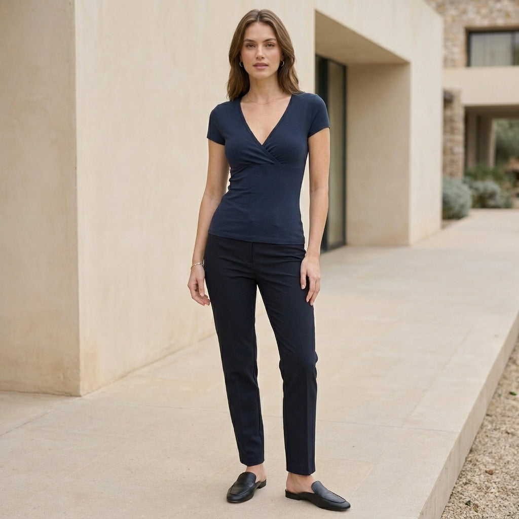 Fitted Wrap-Front V-Neck Top with Under-Bust Seam Detail