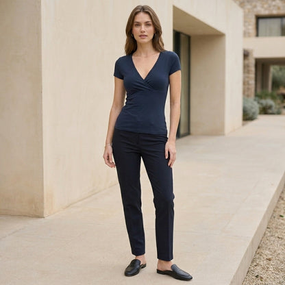 Fitted Wrap-Front V-Neck Top with Under-Bust Seam Detail