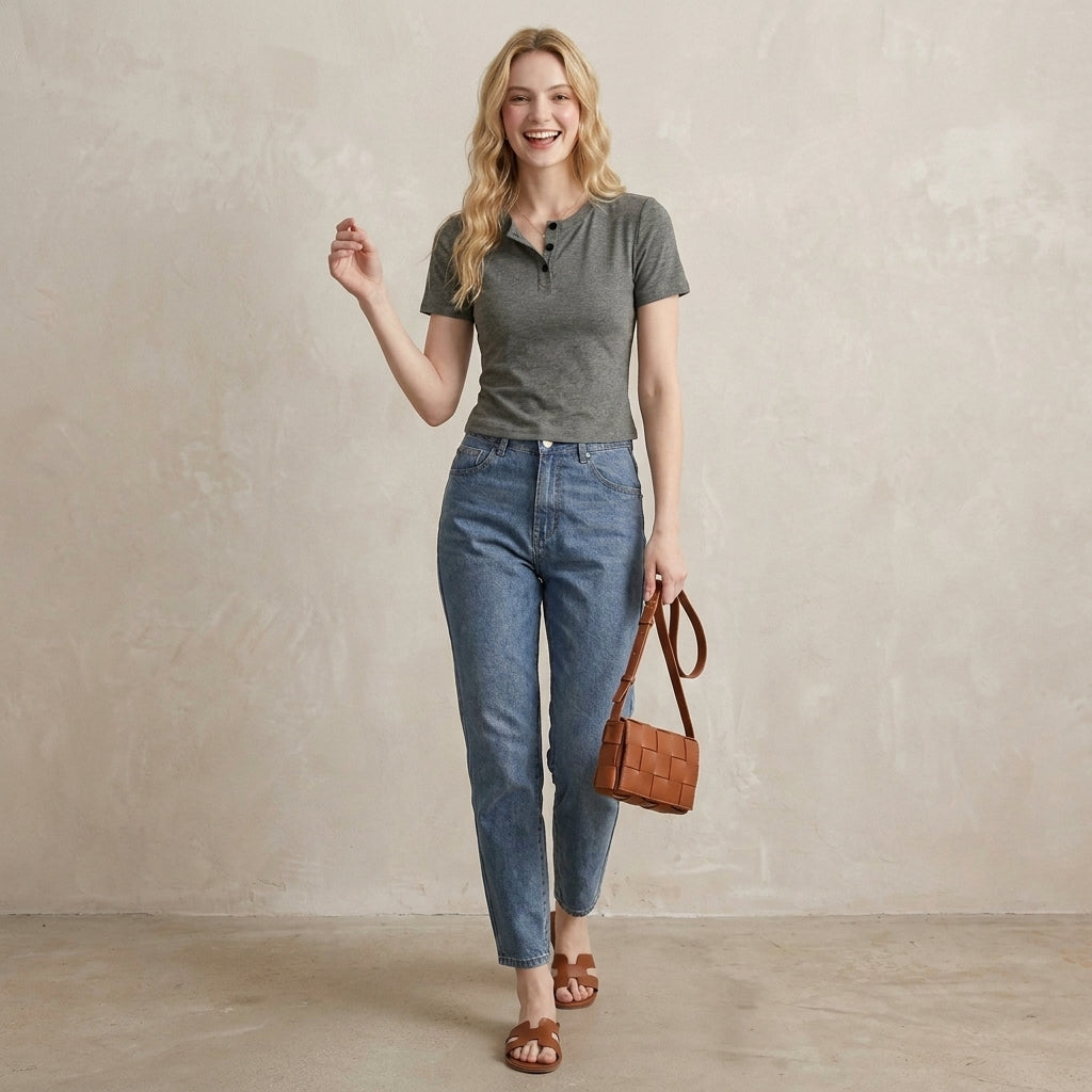 Fitted Cropped Henley Top with Ribbed Neckline and Button Placket