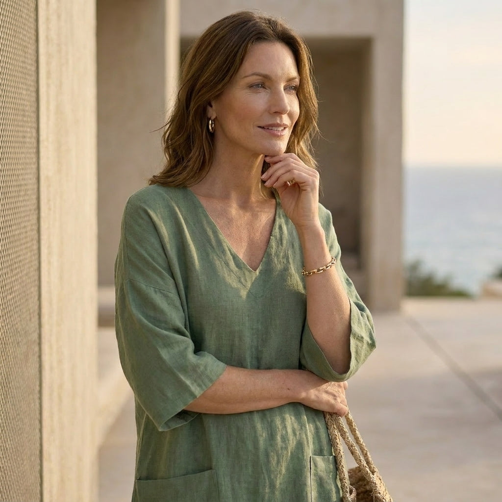 Oversized V-Neck Kaftan Dress with Patch Pockets