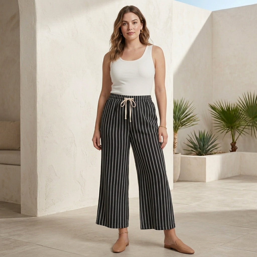 Relaxed Wide-Leg Woven Pants with Adjustable Drawstring Waist