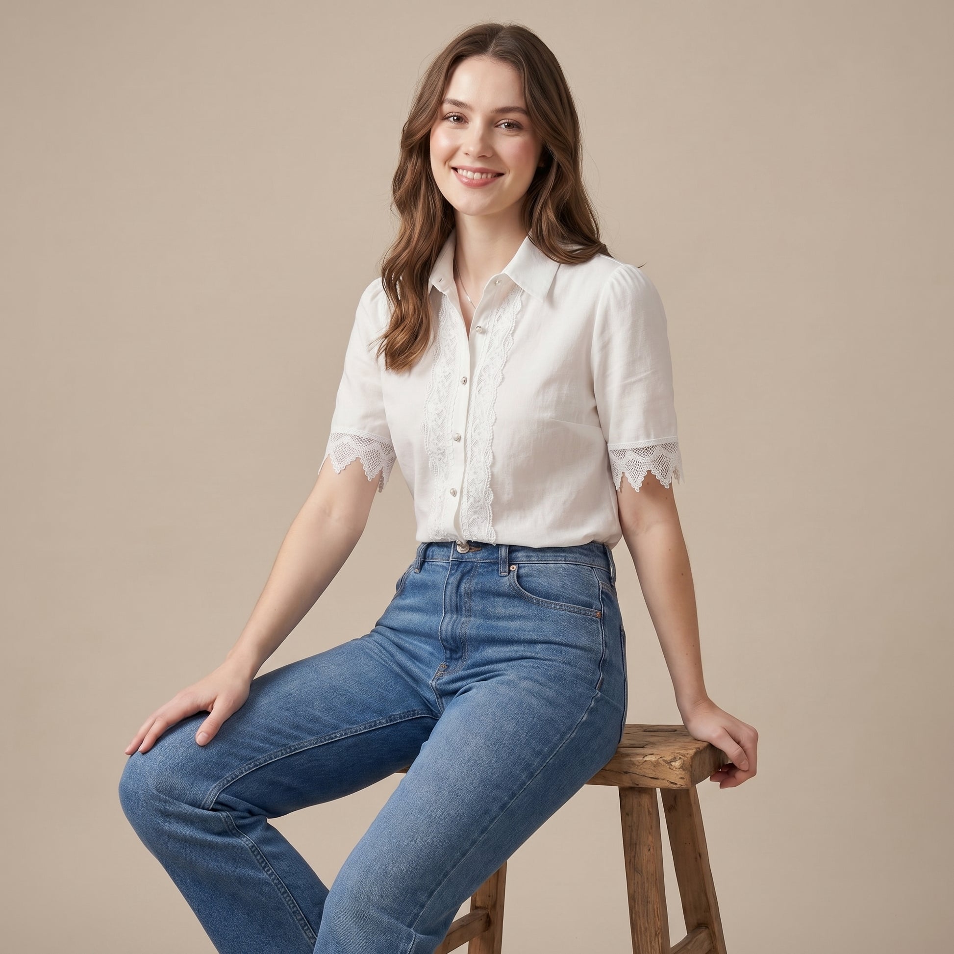 Tailored Short-Sleeve Lace-Trimmed Blouse with Scalloped Details