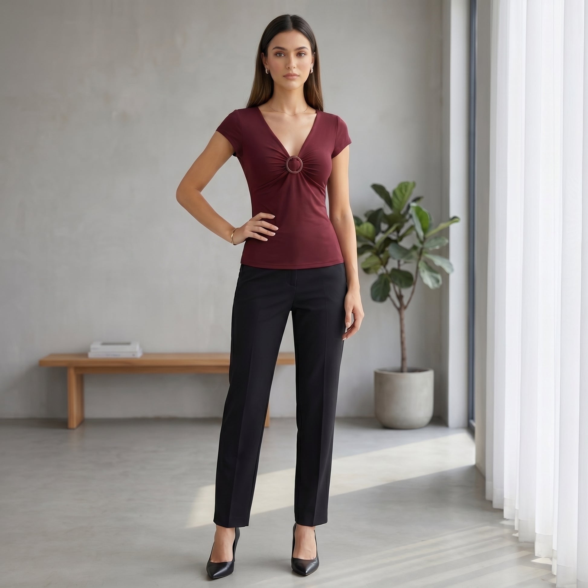 Fitted Polka-Dot Surplice Top with Ruched Bust and Ring Detail