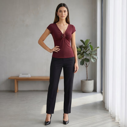Fitted Polka-Dot Surplice Top with Ruched Bust and Ring Detail