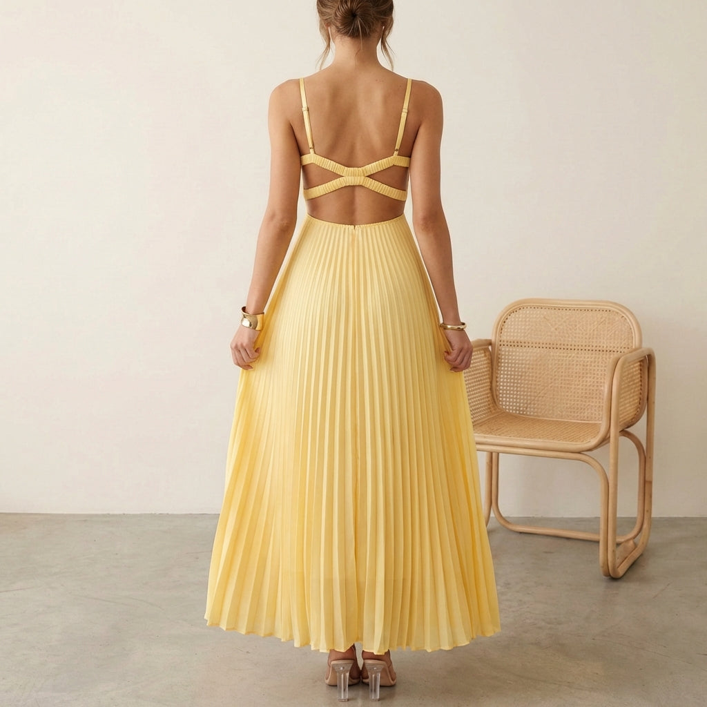 Eileen Satin Ruched Bodice Sleeveless Maxi Dress with Pleated Skirt