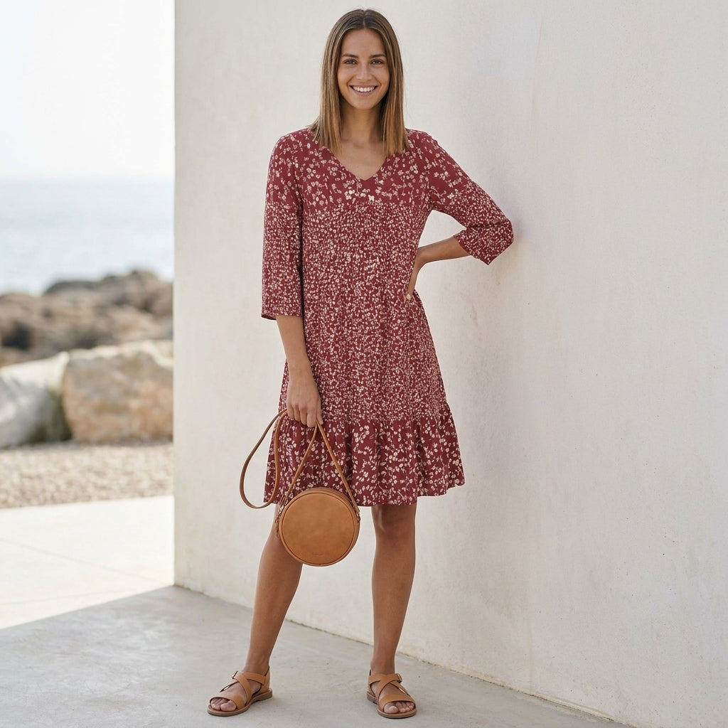 Relaxed Tiered A-Line Dress with V-Neck and 3/4 Sleeves in Fluid Draped Fabric