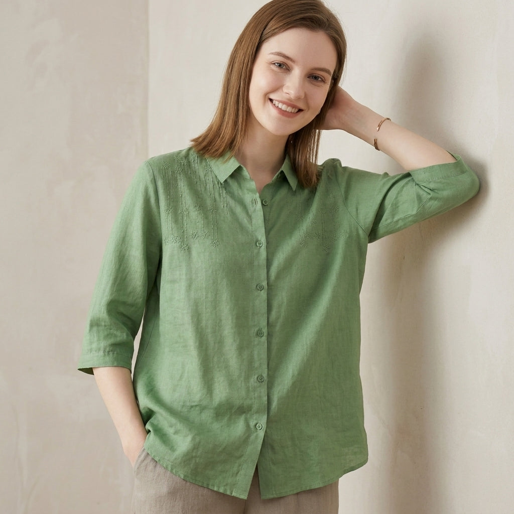 Relaxed Fit Button-Up Shirt with Tonal Floral Embroidery and Classic Collar
