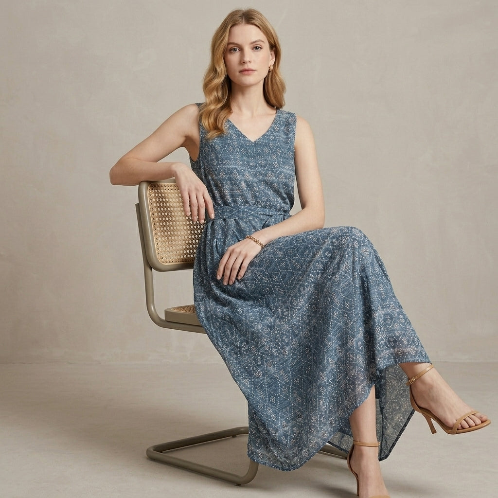 Coastal Breeze Printed Sleeveless Tie-Waist Maxi Dress